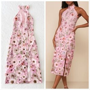 NWOT Lulus Unique Impression Pink 3D Floral Embroidered Halter Midi Dress Small